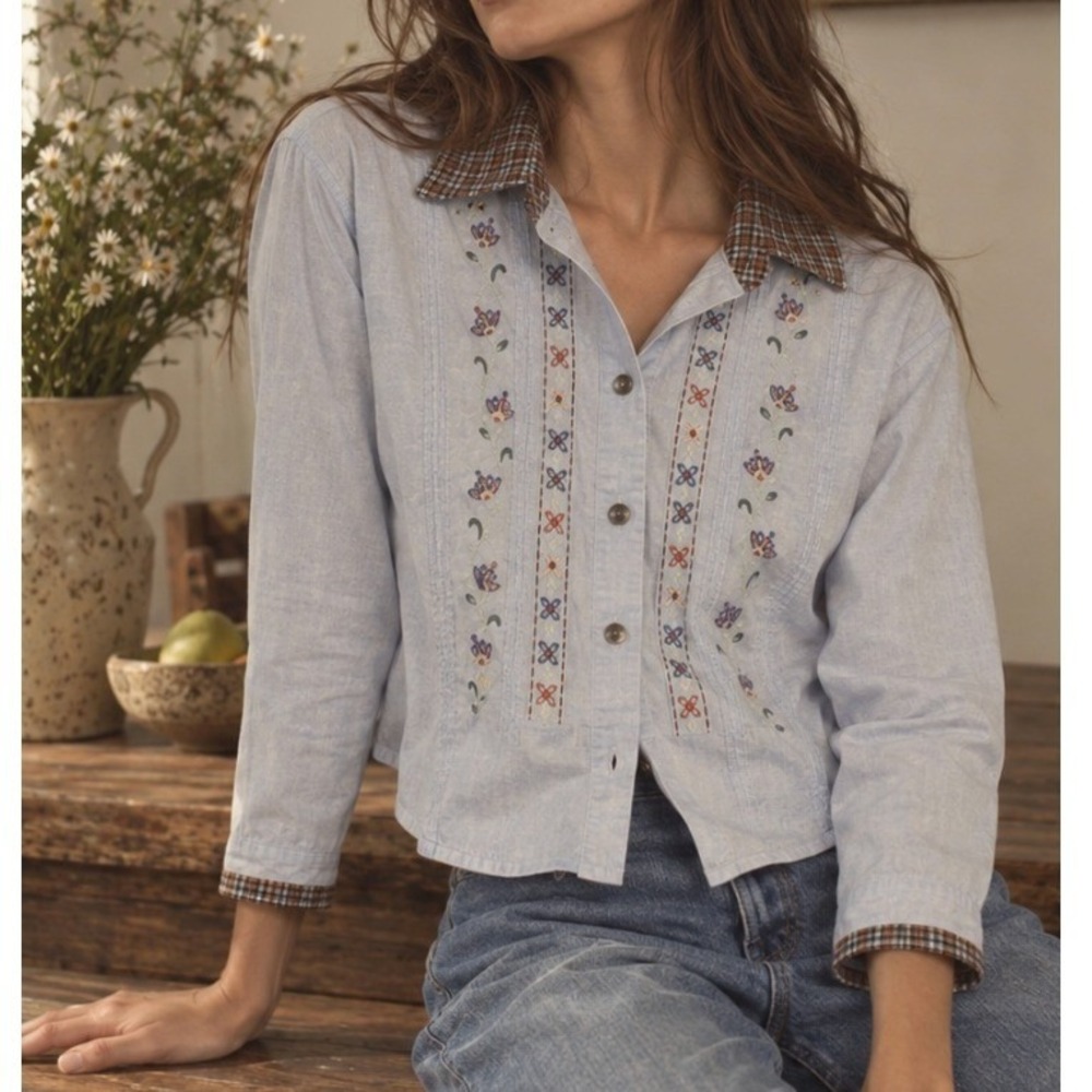 Vintage 70s Shirt Floral Embroidered Plaid Blue Cottagecore Top Folk Western 90s